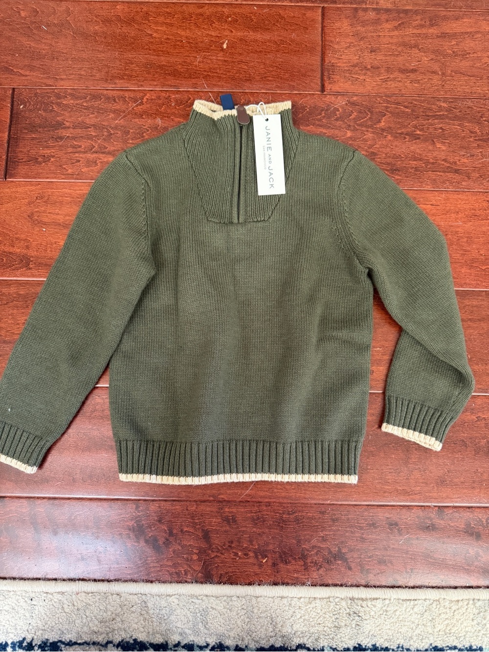 Janie and Jack Olive Green Knit Sweater with Cream Trim
